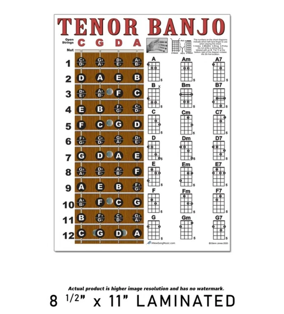 Laminated tenor banjo chord chart poster easy chords beginner 8 5x11