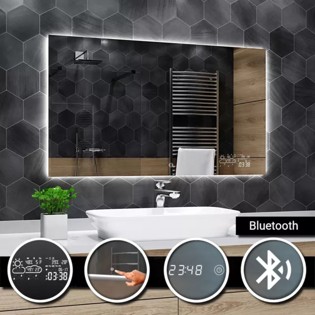 DUBAI ILLUMINATO LED specchio del bagno BLUETOOTH TOCCO Orologio meteorologica