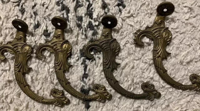 Antique Original Cast Iron Fish Coat Hat Rack Hooks, Ornate Detail, Brass Finish 3