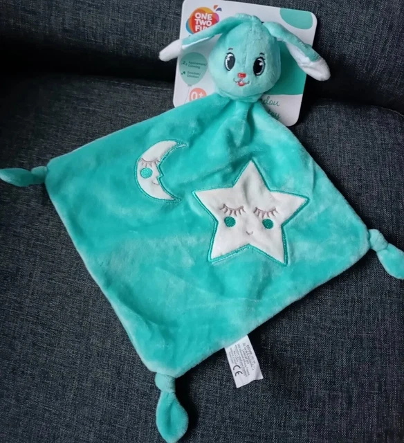 🐰😍🌟Doudou Soft Plat Auchan Lapin /bleu Blanc Lune Etoile Blanche Doux