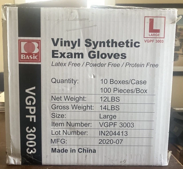 Basic-brand case of 1000 Vinyl Exam Gloves (size L) Latex, Protein & Powder Free