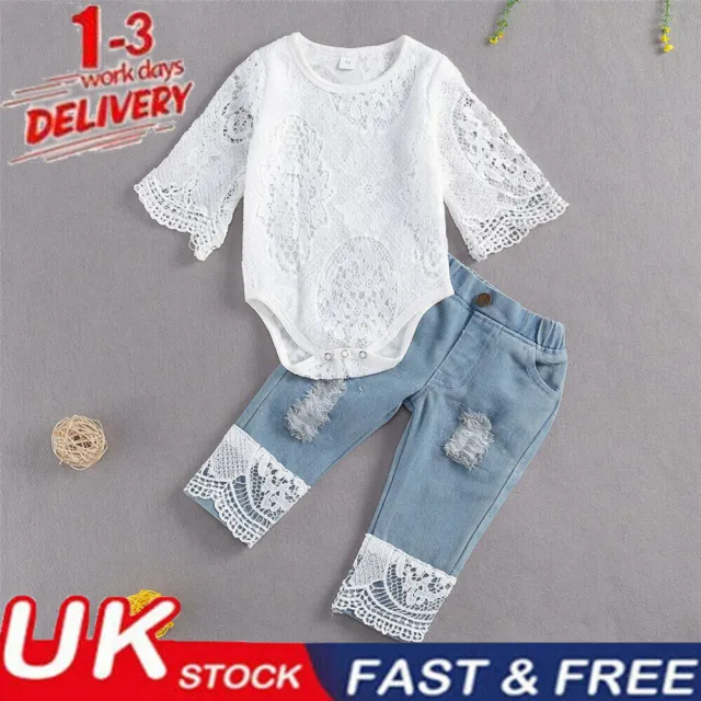 Baby Girls White Lace Long Sleeve Rompers Ripped Denim Jeans Clothes Outfit Set