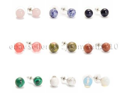Natural Gemstone Round Ball Reiki Chakra Silver Plated Earrings Studs 10mm