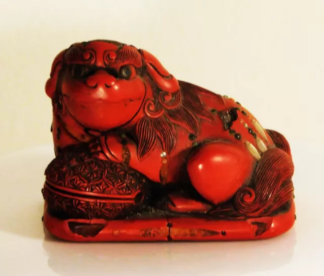 19thC Japan Netsuke Cinnabar Lacquer & Shibayama Inlay "Foo Dog" 4x3x3.25" AS IS