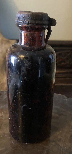 Antique Brown Amber Glass Bottle Metal Lid, marked W4