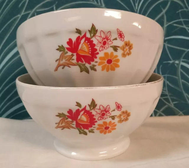 2 Bols Anciens En  Porcelaine Côtelé Chauvigny décor fleurs Orange et rouge