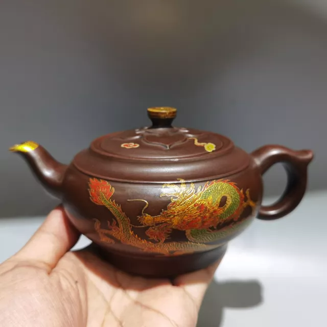 Chinese Yixing Purple Clay Teapot Zisha Ceramic Painted Dragon Phoenix Teaware