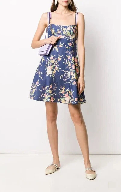 ZIMMERMANN Mini abito Zinnia Bouquet di rose floreali Lino resort blu...