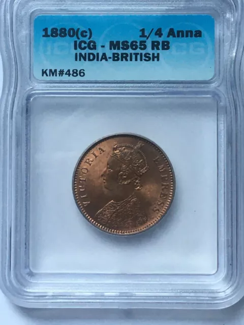 1880 C India Británica 1/4 Anna KM486 ICG MS65 RD