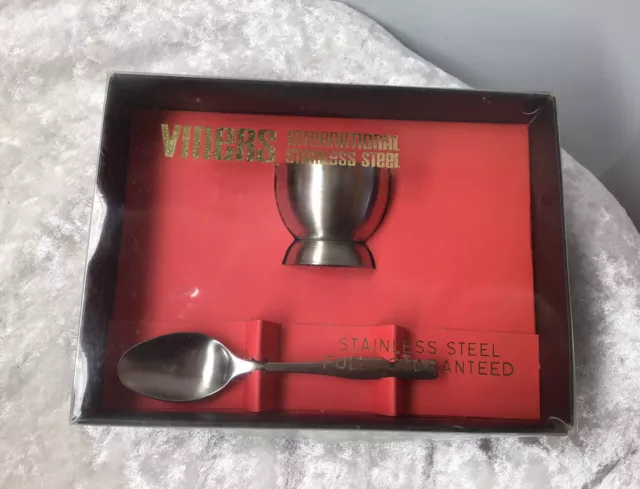 Vintage Viners Egg Cup & Spoon Set In Box Unused Stainless Steel 1970s