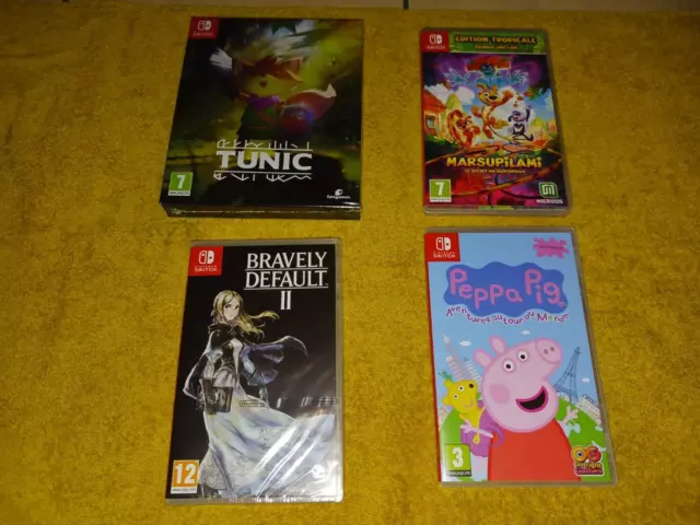 lot 4 jeux console nintendo switch tunic,bravely default 2,marsupilami,peppa pig