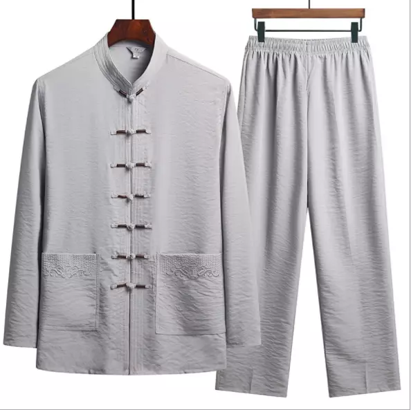 Men Chinese Tang Suit Tai Chi Set Casual Kung Fu Long Sleeve Shirts Pant Uniform