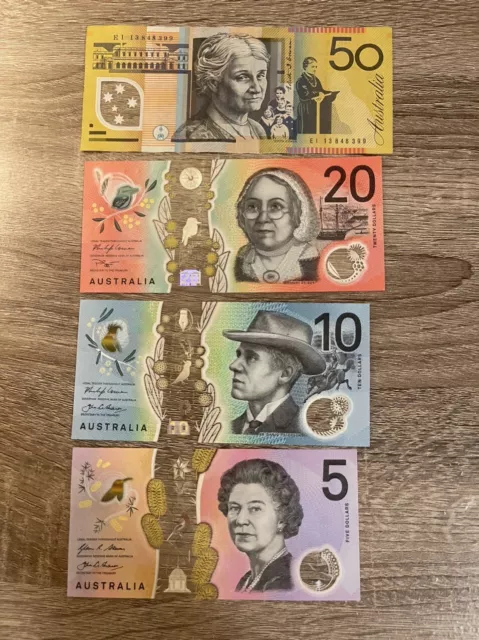 Australian $50 + $20 + $10 + $5 Dollar BankNotes. Set 4 Australia Cir Banknotes