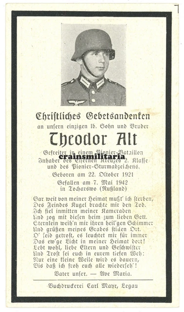 Orig. Sterbebild 7.ID Pionier mit Stahlhelm Orden + Babi Tokarewo Russland 1942