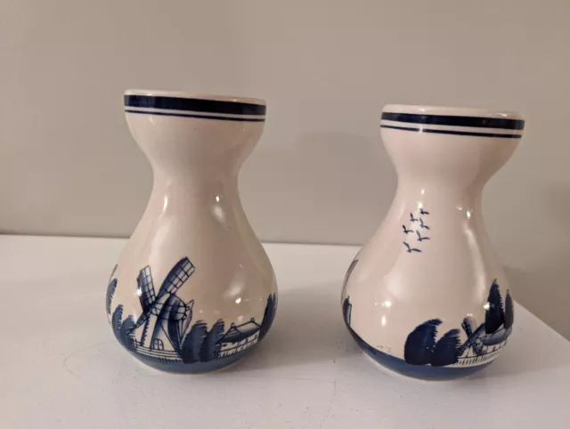 Delft Dutch Blue Bulb Vases Windmills Birds Sail Boats Ceramic Set of 2