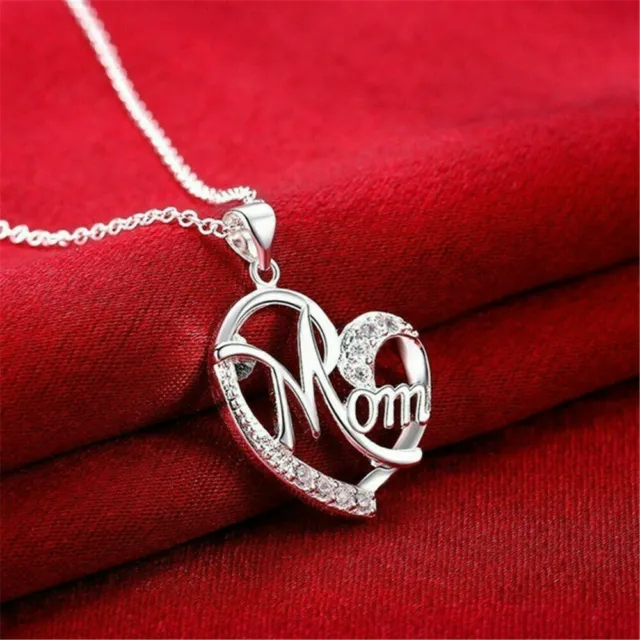 925 Sterling Silver New Women Fashion White Topaz I Love You Mom Heart Necklace