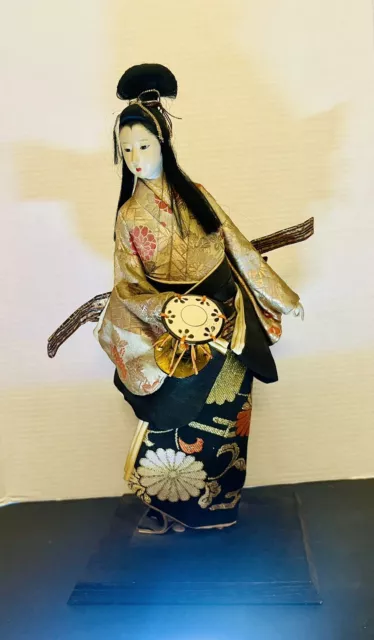 VTG Japanese Geisha Doll With Drum In Silk Robes Porcelain Face & Hands 17”