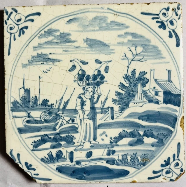 17th or 18th Century Dutch Blue and White Delft Tile - Fruit Basket Carrier A3