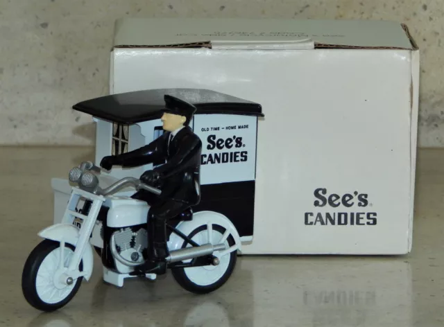 See's Candies Diecast Toy Motorcycle & Delivery Sidecar w/ Driver & Box #746775