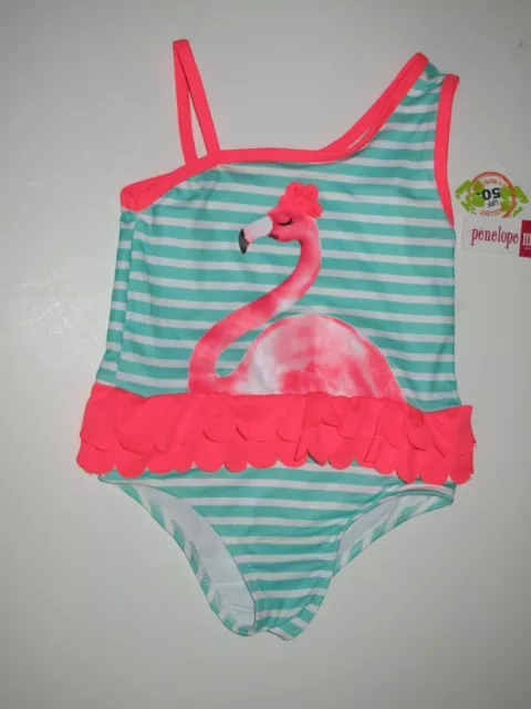 Penelope Mack Little Girls 6X 1 Pc Swimsuit Pink Flamingo Ruffle Green Stripe