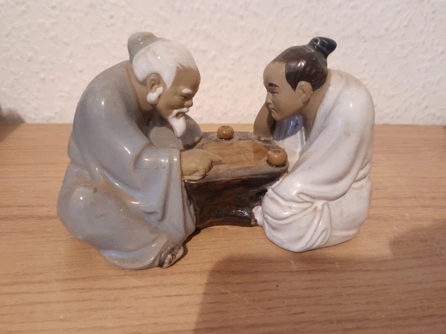 Vintage Glazed Clay Chinese Mudman Men Playing Board Game Figurine