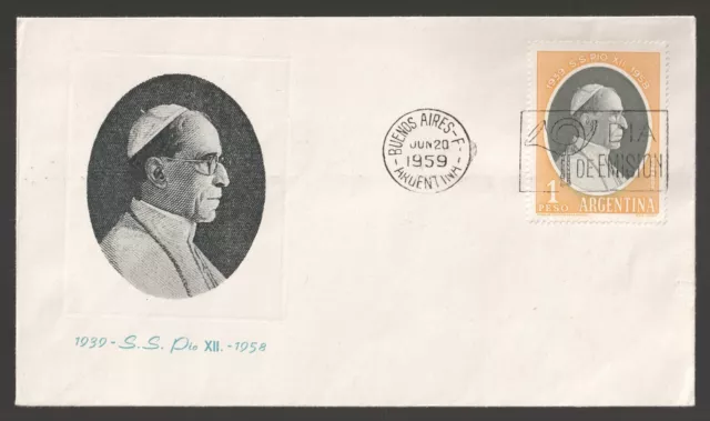 1959 Argentina Pope Pio XII FDC. Buenos Aires First Day Cover