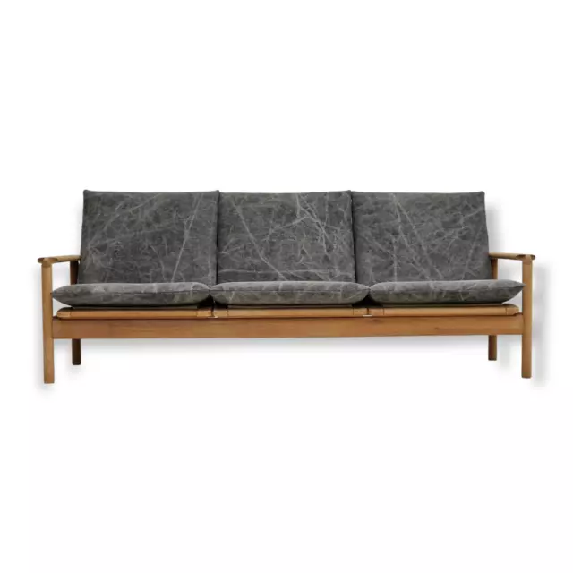 70s, Danish design, renovated 3 seater sofa, linen furniture fabric, oak wood