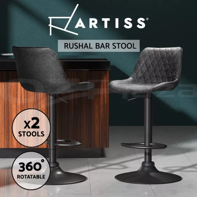 Artiss 2x Bar Stools Kitchen Counter Stool Gas Lift Vintage Leather Black