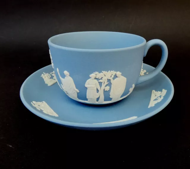 Vintage Wedgwood England Blue & White Jasper Ware Cup & Saucer Classical Scene