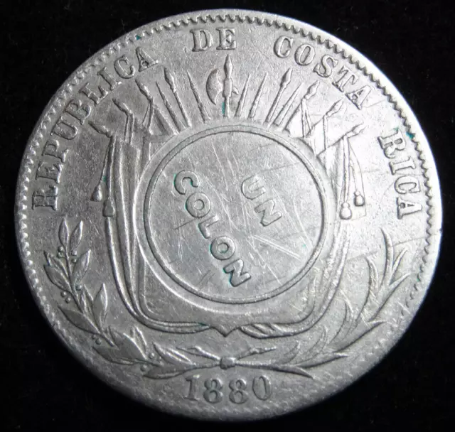 1923 Costa Rica 1 Colon Counterstamp over 1880 50 Centimos Silver Coin KM #163