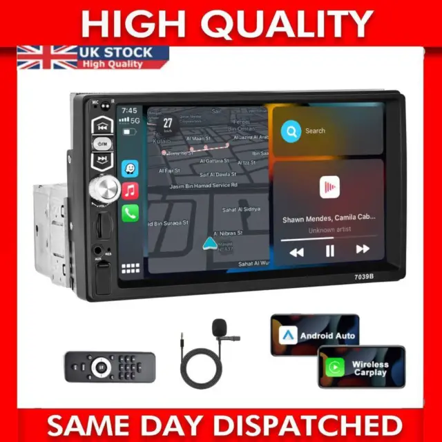 Single 1Din 7" Car Stereo Radio Apple/Android Carplay Bluetooth Touch Screen Mic