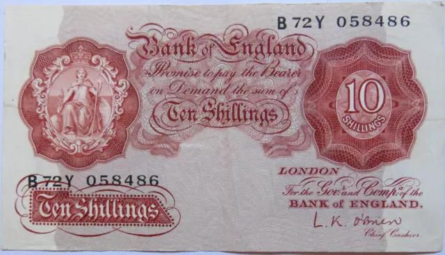 Bank of England 10 Ten Shillings Note (B72Y) L.K. O'Brien (1955-1961)