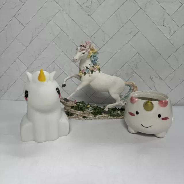 Lot of 3 Unicorn Figures Trinkets - Statue, Light and planter - Cute set Gifts