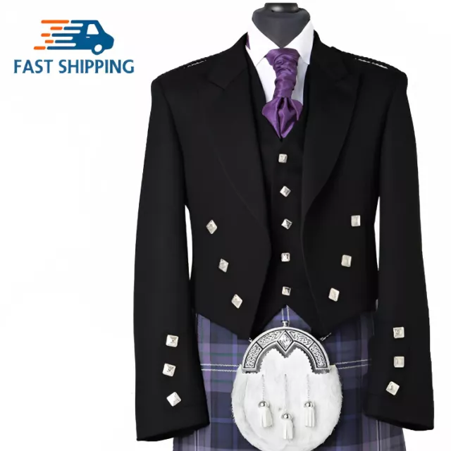 Scottish Men's Prince Charlie Jacket With 5 Button Vest Serge Wool