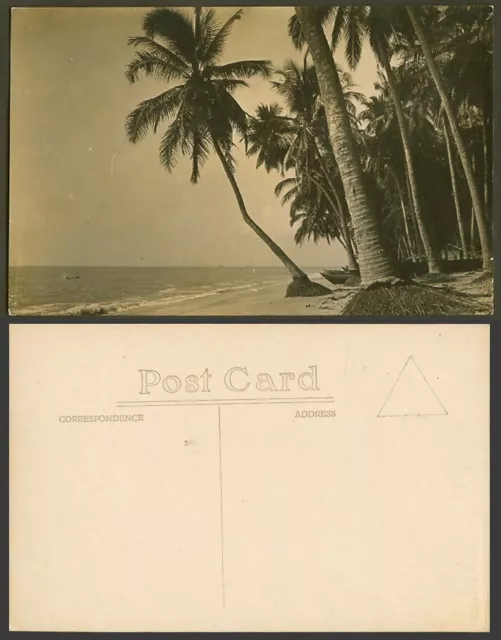 Singapore Old Real Photo Postcard Tanjong Katong Beach, Seaside Palm Trees Boats