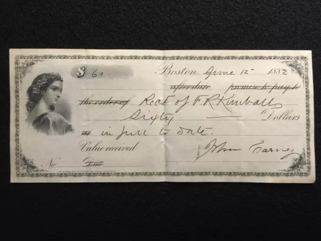 1882  Boston, Massachusetts $60.00 **Scarce** Vignette Receipt!  Notable Person!