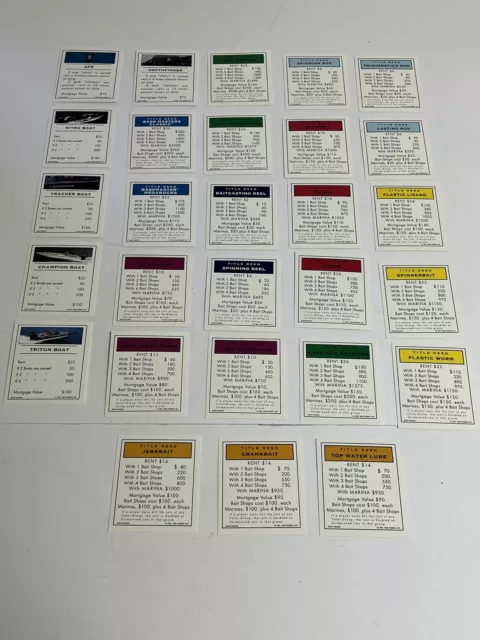 Monopoly Bass Fishing Ed Board Game Replacement Pieces: 28 Title Deed Cards VTG