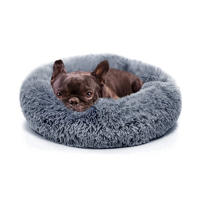 Dog Bed Donut Cuddler Calming Bed Fluffy Faux Fur (19") XS Extra Small DARK GREY