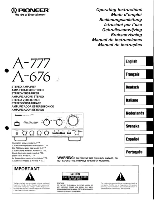 Bedienungsanleitung-Operating Instructions pour Pioneer A-777, A-676