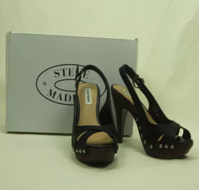 Steve Madden Tumbled Studded Stiletto Sandal Heels Size 8.5 Black Leather Wood