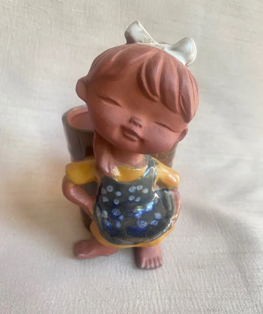 UCTCU Pottery Japan Red Clay Figurine Little girl Utensil Holder Redware