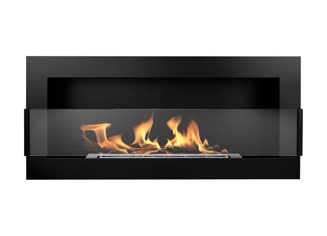 Delta Flat Caminetto A Bioetanolo 40x90 Cm | Con Ciottoli, Imbuto E Carburante, Certificato T&Uuml;V, Acciaio Nero Opaco, Fuoco Reale A Parete