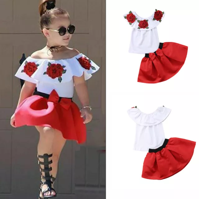 Toddler Kids Baby Girls Floral Tracksuit T Shirt Tops Skirts Outfits Clothes Set