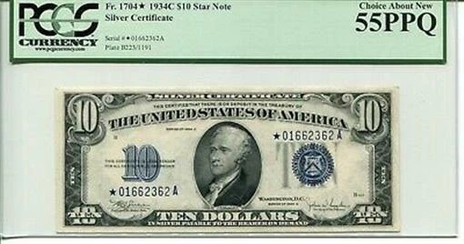 FR 1704* STAR 1934C $10 Silver Certificate 55 PPQ CHOICE ABOUT NEW