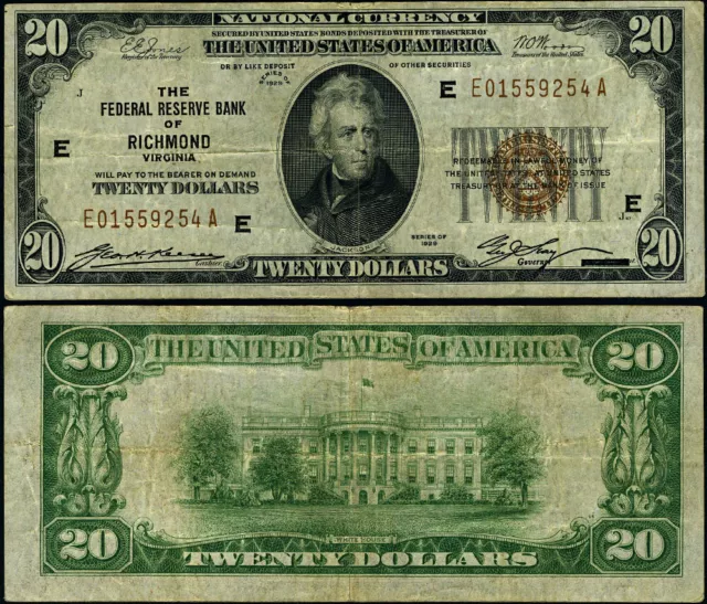 FR. 1870 E $20 1929 Federal Reserve Bank Note Richmond E-A Block VF Great Deals