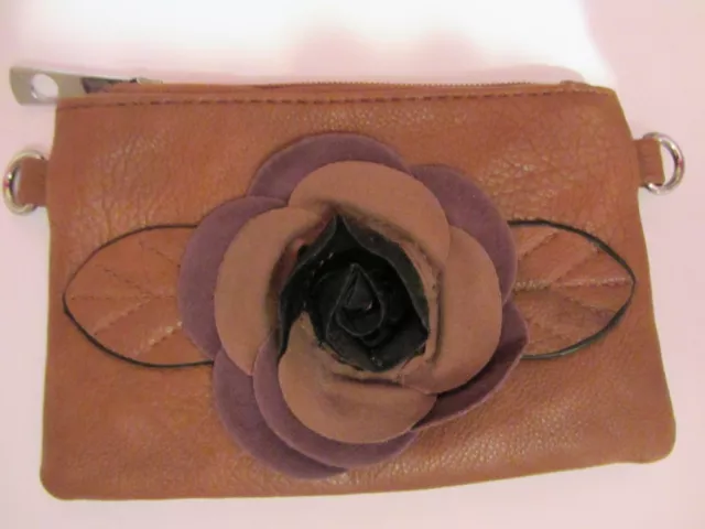 Ladies Brown Faux Leather Purse With Rose And Leaf Detail