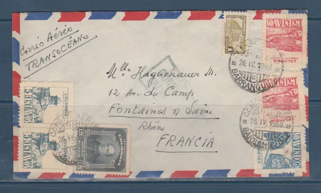 Etc enveloppe  Colombie par avion Transocéano pour la France  de 1948