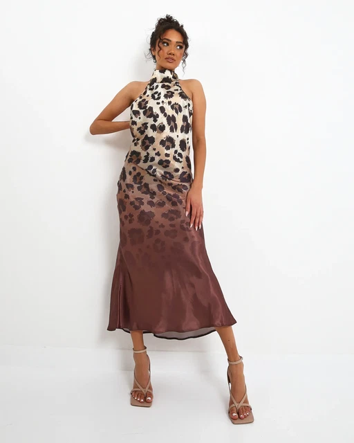 Forever Unique Leopard Halterneck Ombre Satin Midi/Maxi DRESS, UK 14, BNWT***