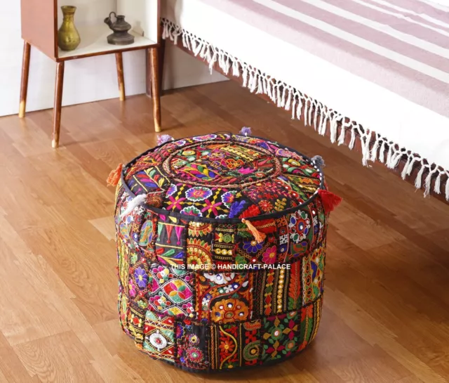 18'' Indian Patchwork Round Ottoman Pouf Cover Vintage Moroccan Footstool Pouffe
