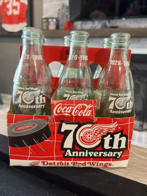 Vintage-Detroit Red Wings 70th Anniversary Coca Cola 6 pk glass bottles-1996